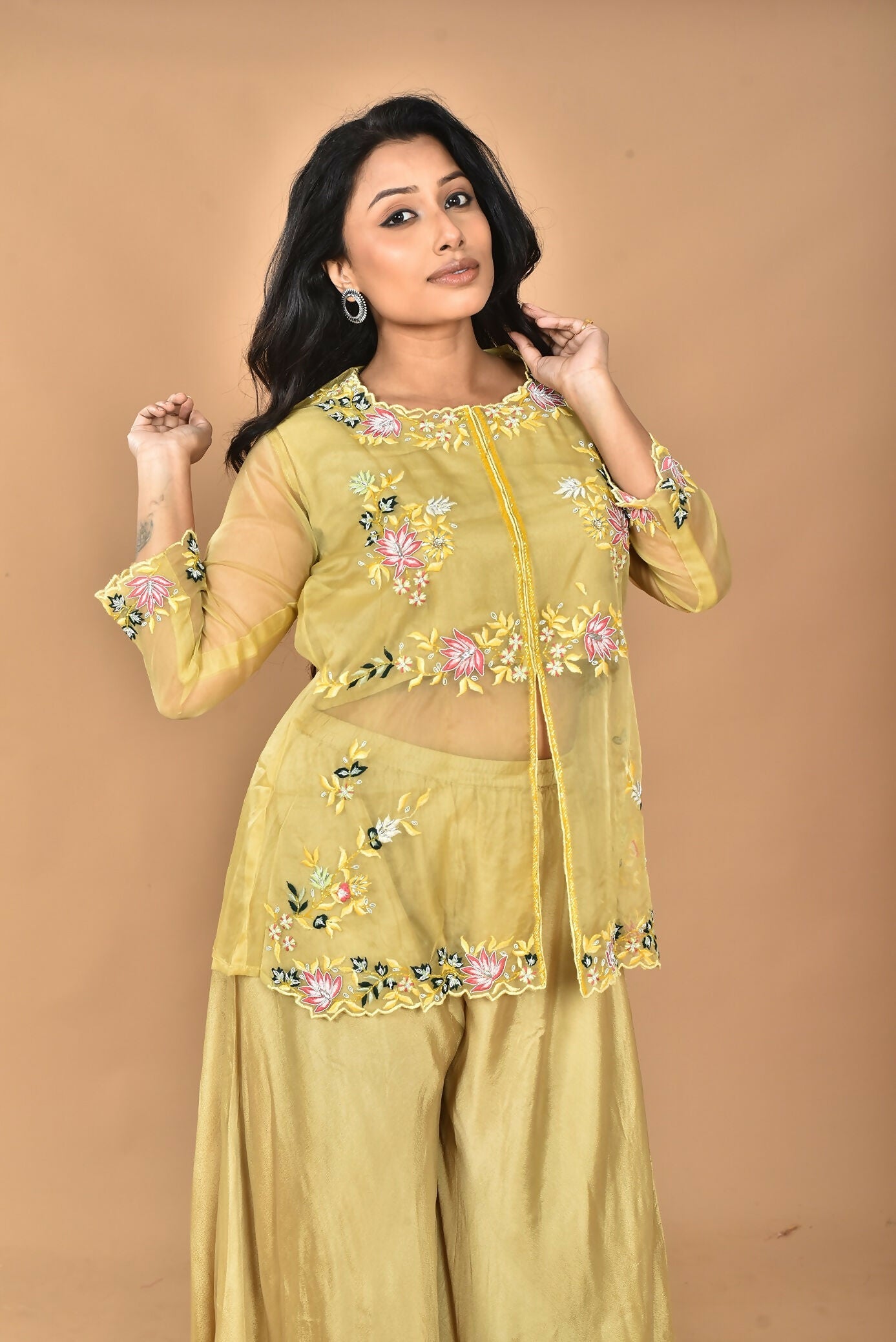 Morchari Women And Hand Embroidery Palazzo Set-Mustard