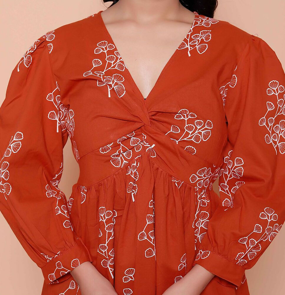 Miravan Womens Rust Floral Printed Balloon Sleeves V Neck Butterfly Top - Distacart