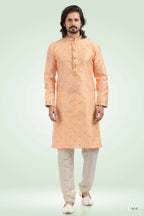 Raivat Ethnic Jacquard Banarasi Silk Pintux Work Kurta Pajama In Peach Colour