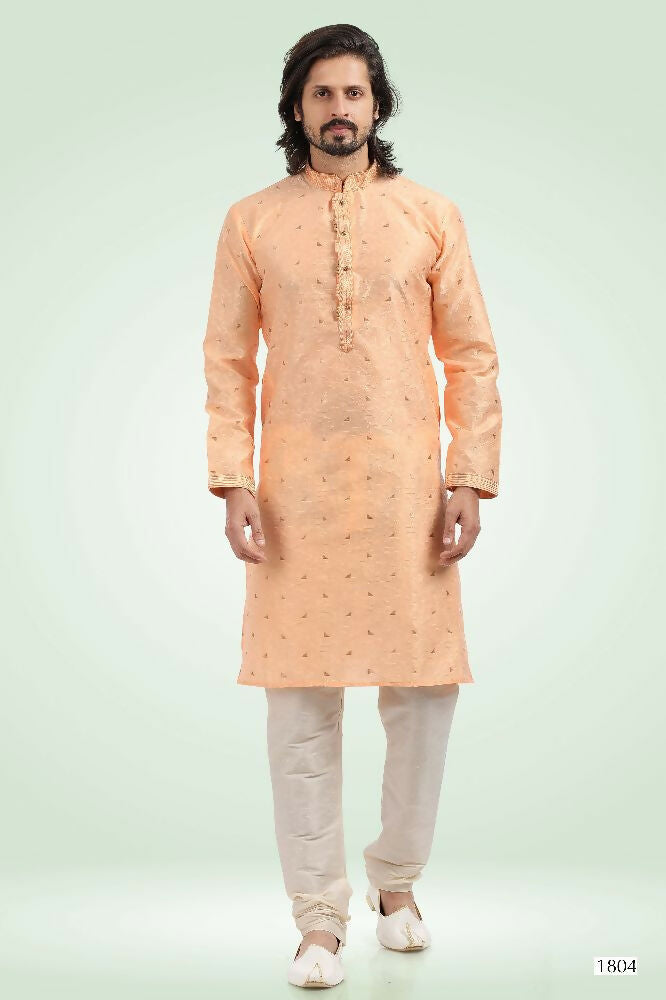 Raivat Ethnic Jacquard Banarasi Silk Pintux Work Kurta Pajama In Peach Colour