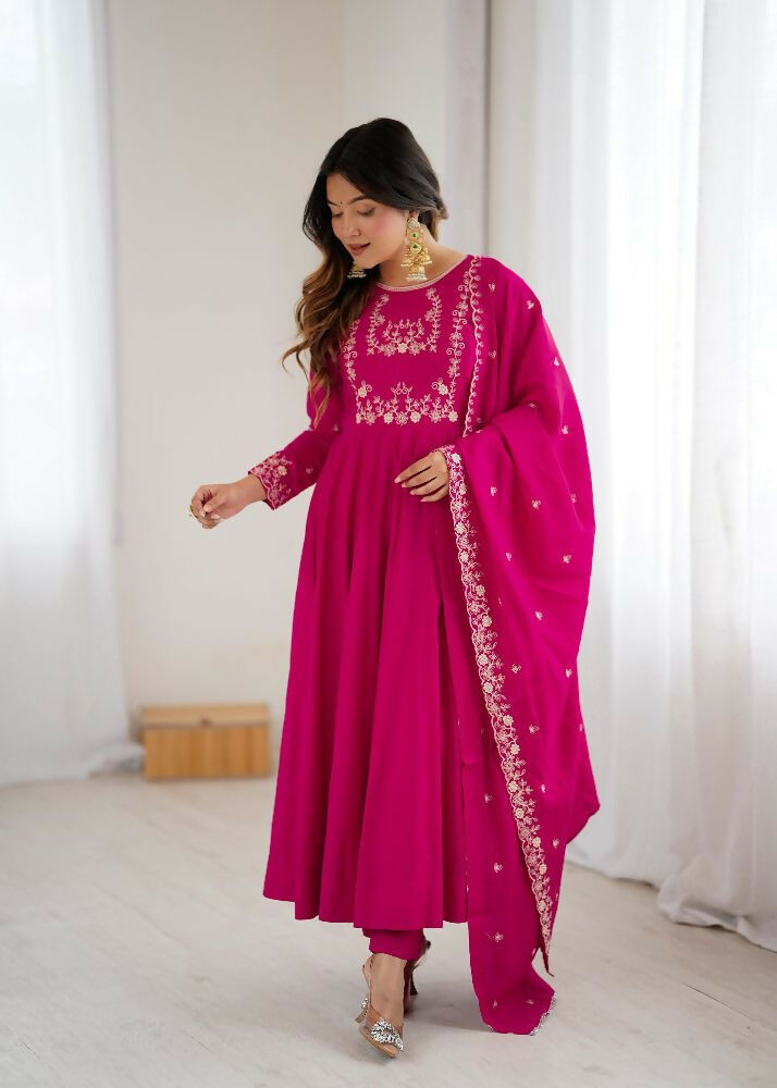 Joban Fashion Dark Pink Kurta Set Chanderi Sequence Embroidery Work - Distacart