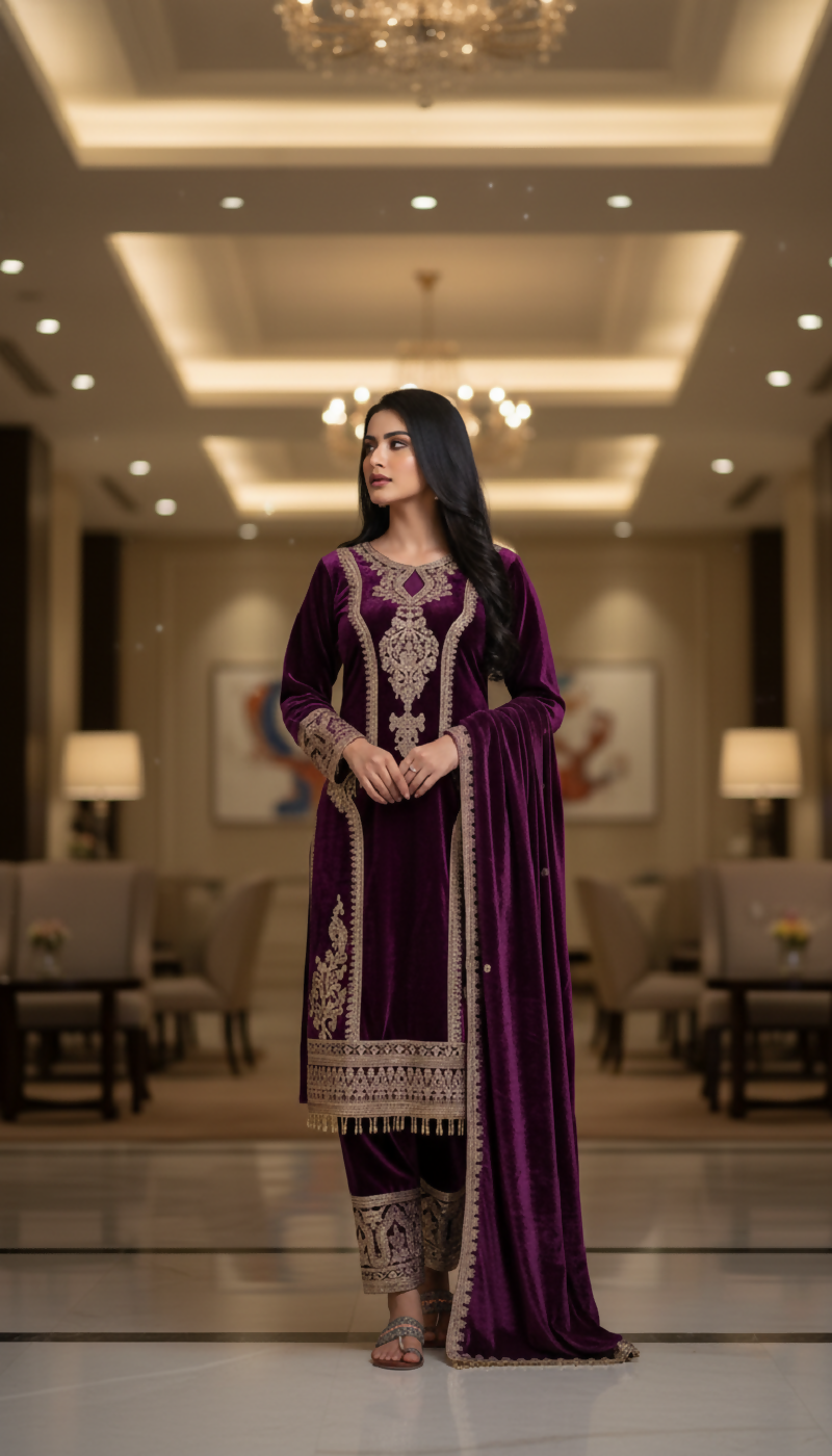 Joban Fashion Purple Kurta Set Velvet Embroidery Sequence Work - Distacart