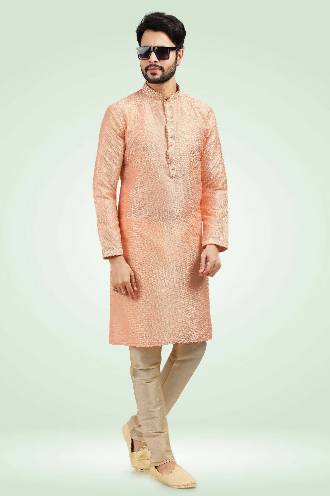 Raivat Ethnic Jacquard Banarasi Silk Pintux Work Kurta Pajama In Peach Colour