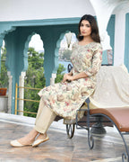 Vaasva Women's Cream Tissue Embroidered Suit Set With Solid Pant And Embroidered Dupatta