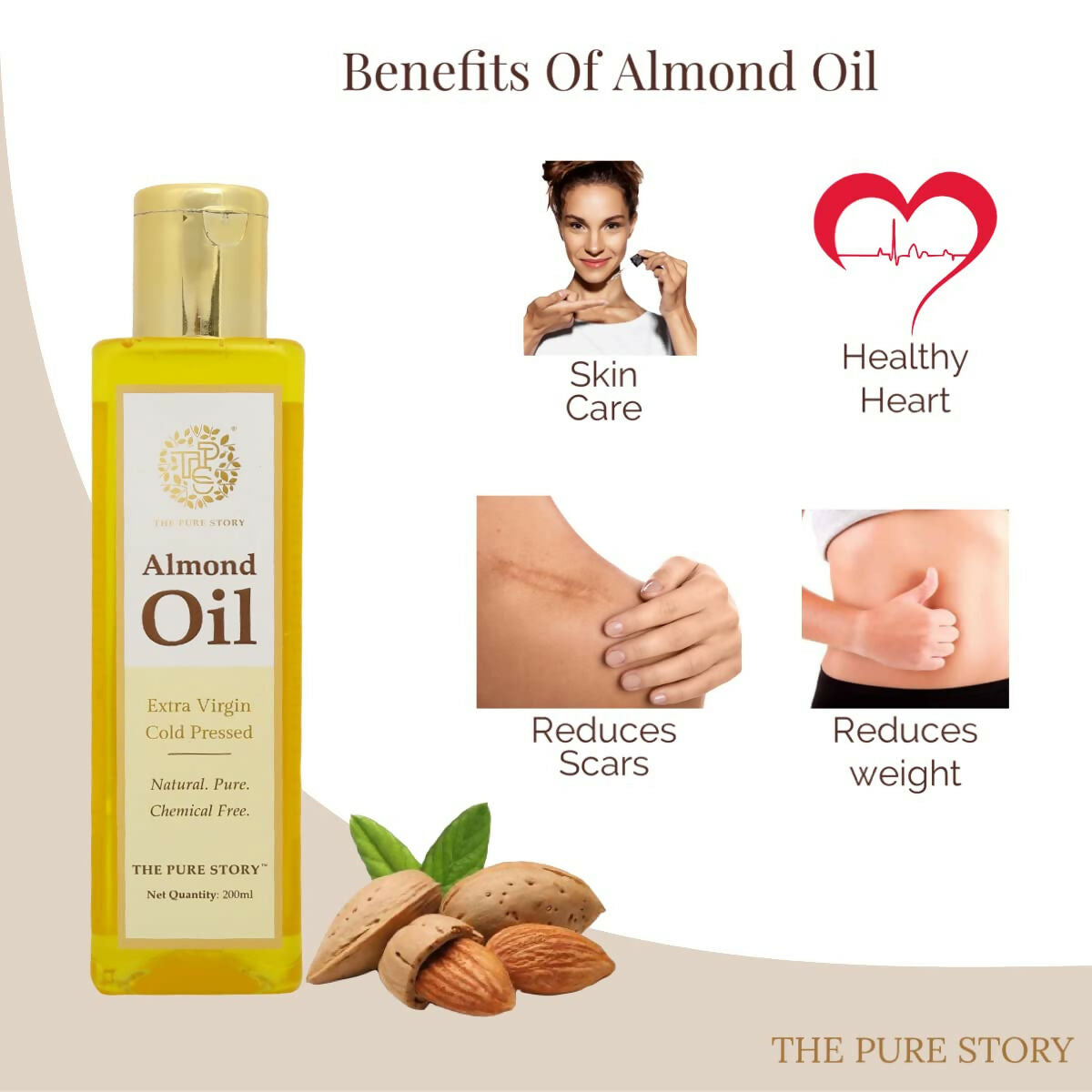 The Pure Story Sweet Almond Oil Pure Cold Pressed For Hair, Skin, Face Care & Massage - Distacart