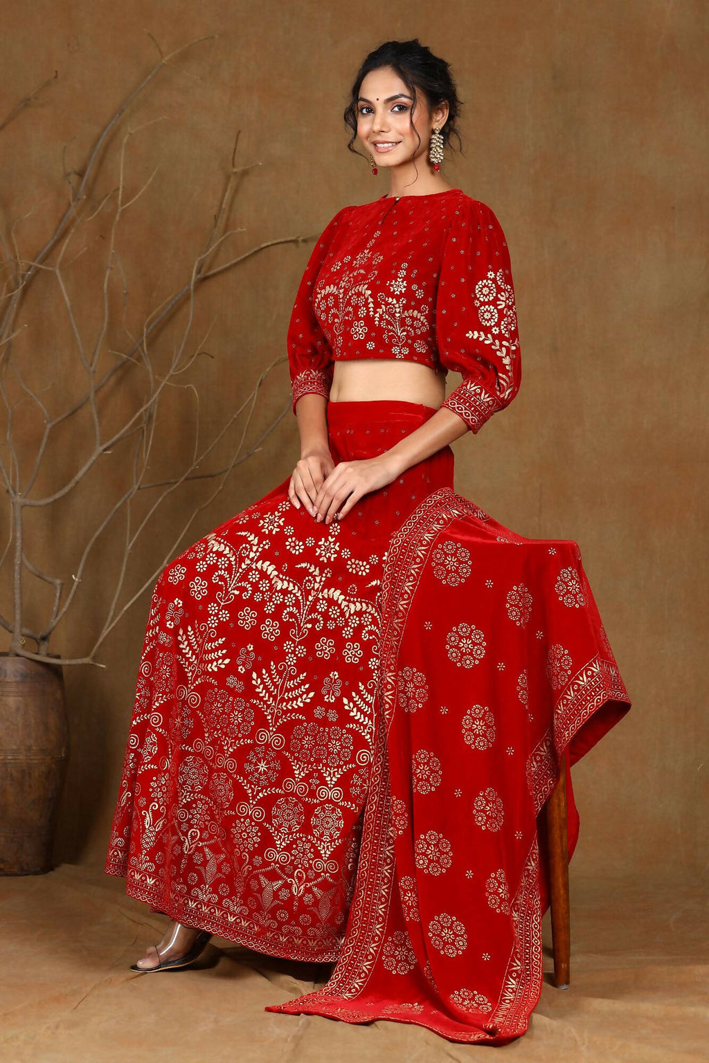 Juniper Women Maroon Velvet Printed Flared Lehenga Choli Sets - Distacart