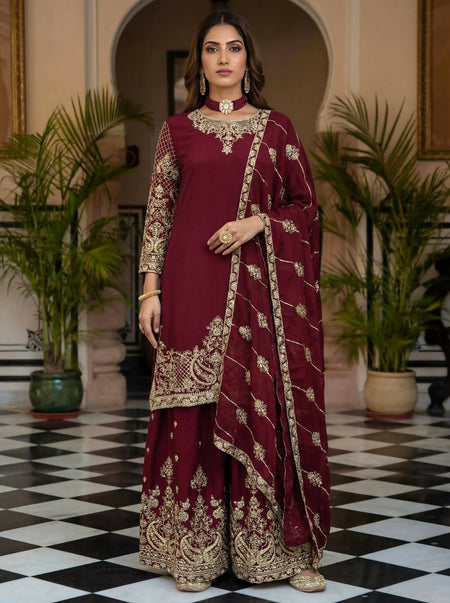 Joban Fashion Maroon Silk Embroidered Sharara Set