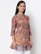 Myshka Women's Organza Printed Printed 3/4 Sleeve Round Neck Casual Multicolor Tunic