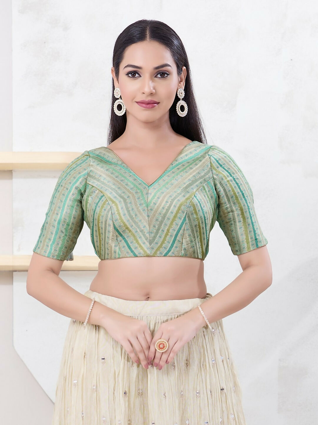 Joban Fashion Pista-Green Jacquard Elbow Sleeveless Back Open Blouse