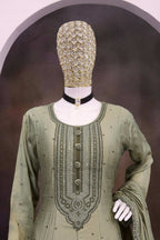 Teeya Creation Mehendi Color Heavy Vichitra Silk Embroidery Work Long Gown