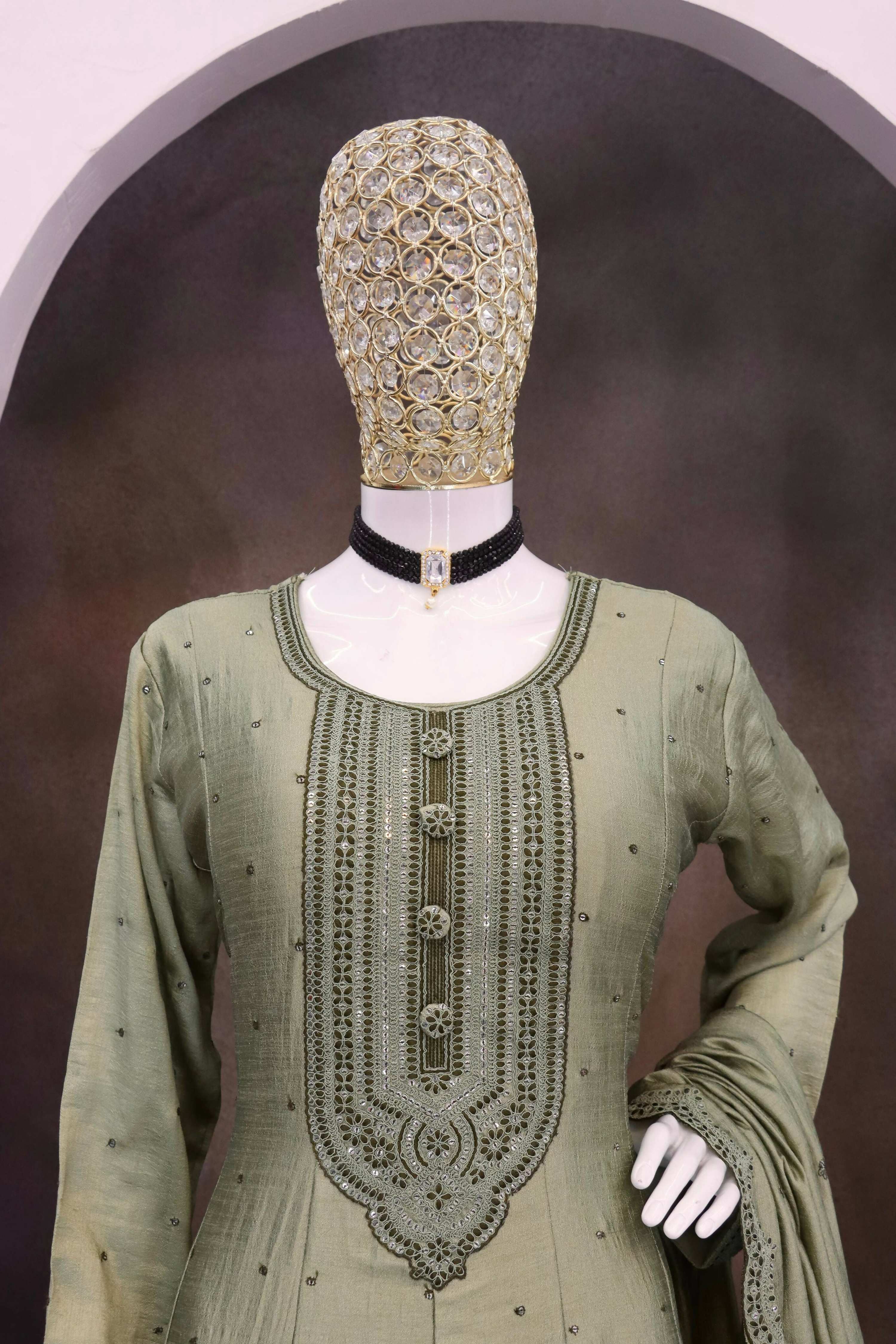 Teeya Creation Mehendi Color Heavy Vichitra Silk Embroidery Work Long Gown