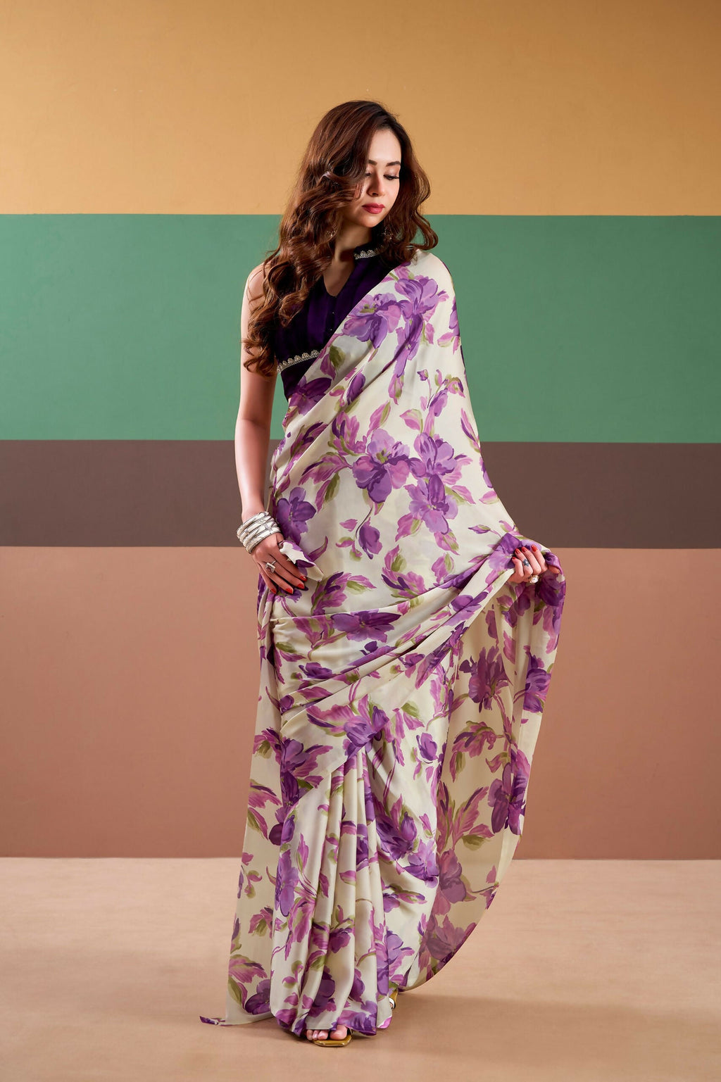 Vastranavya Purple Satin Silk Floral Printed Saree with Stitched Blouse - Distacart