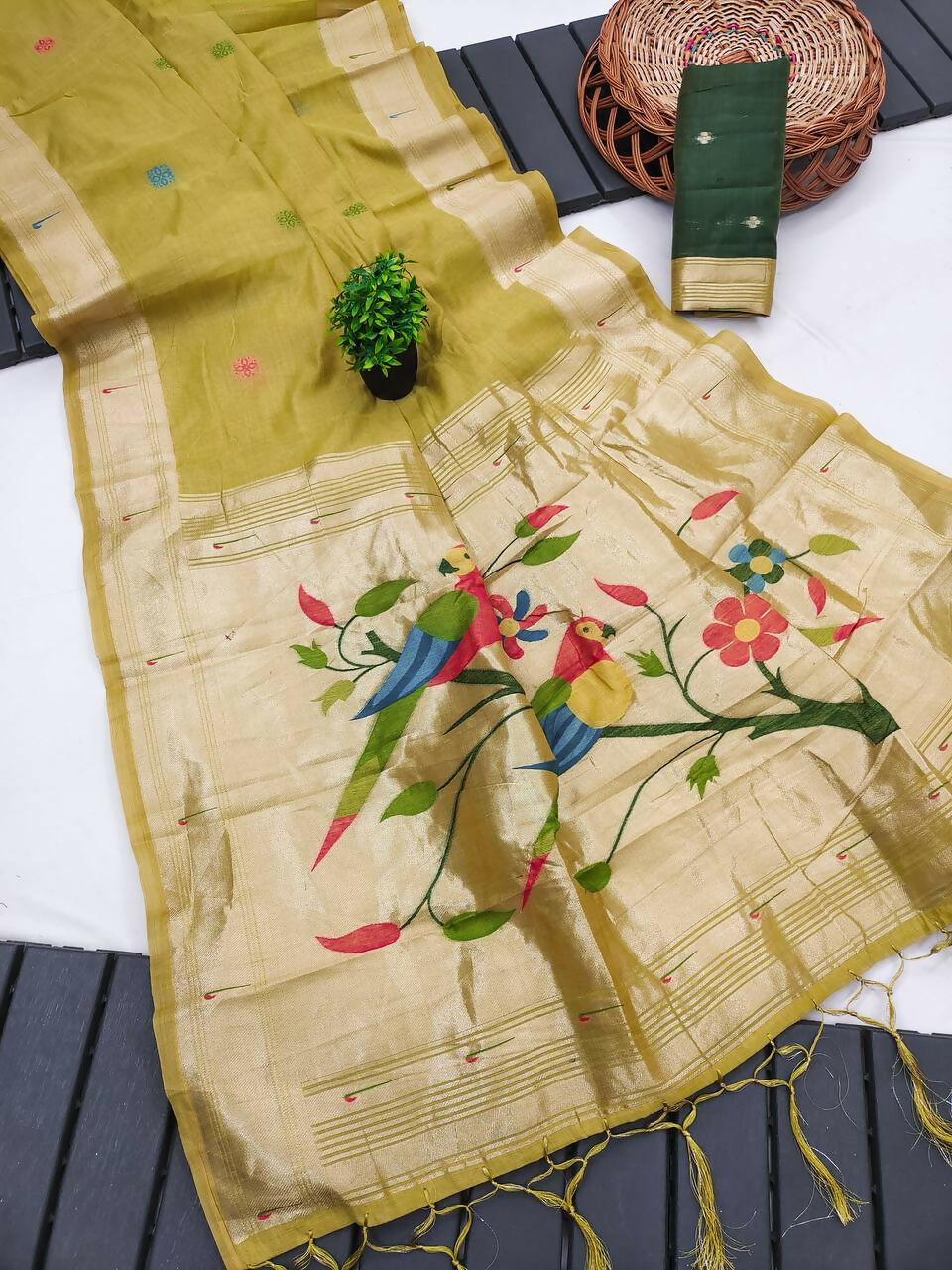 Vastranavya Yellow Muga Cotton Meenakari & Munia Weaving Pallu Saree with Contrast Blouse - Distacart