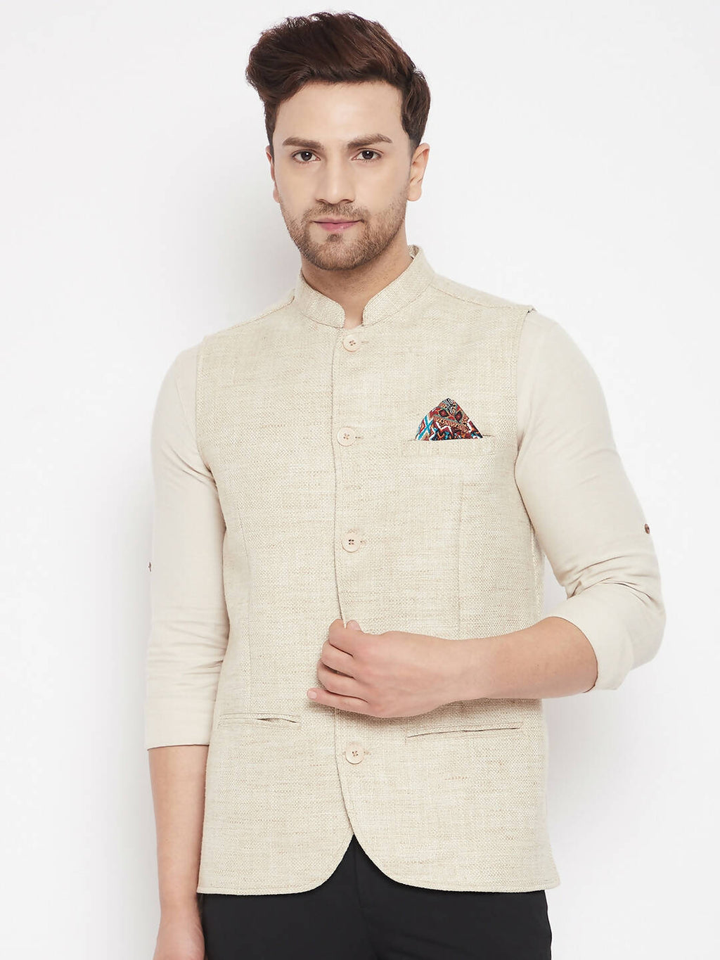 Even Apparels Beige Linen Men Woven Nehru Jacket - Distacart