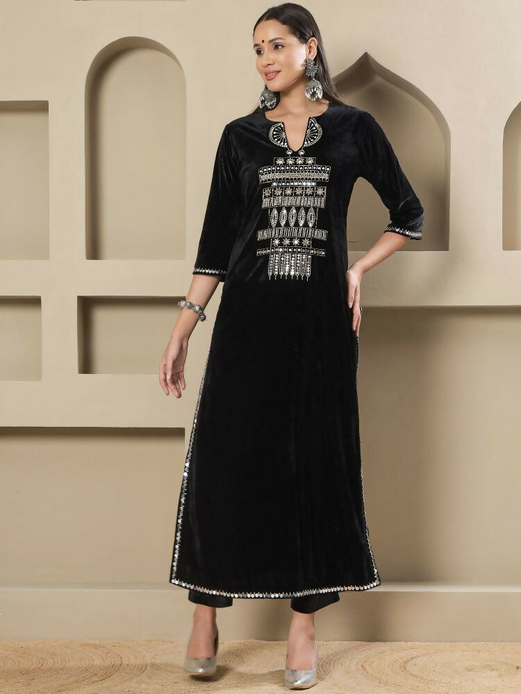 Joban Fashion Women Black Velvet Hand Embellishment Stitched Kurta Set - Distacart