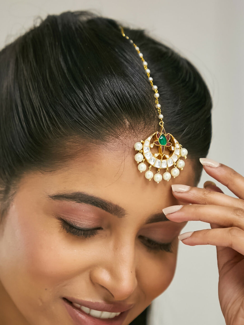 Nuyug 22K Gold-Plated Green Stone & Kundan Studded with Pearl Drop Maang Tikka Head Jewellery - Distacart