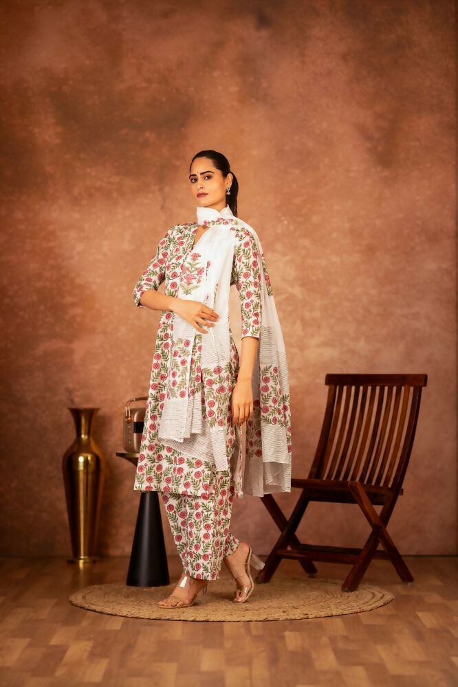 Joban Fashion Red Green Hand Block Printed Cotton Suit Set - Distacart