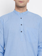 Even Apparels Blue Pure Cotton Men's Kurta With Band Collar - Distacart