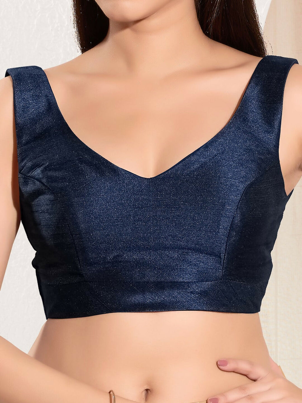 Joban Fashion Navy Blue Mulberry Silk Padded Blouse With Round Neck Sleeveless - Distacart