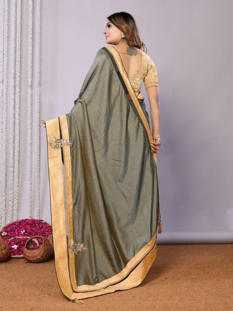 Olive Tusser Silk Resham Cord And Sequins Embroidery Handwork Butta Saree - Norita Saumya