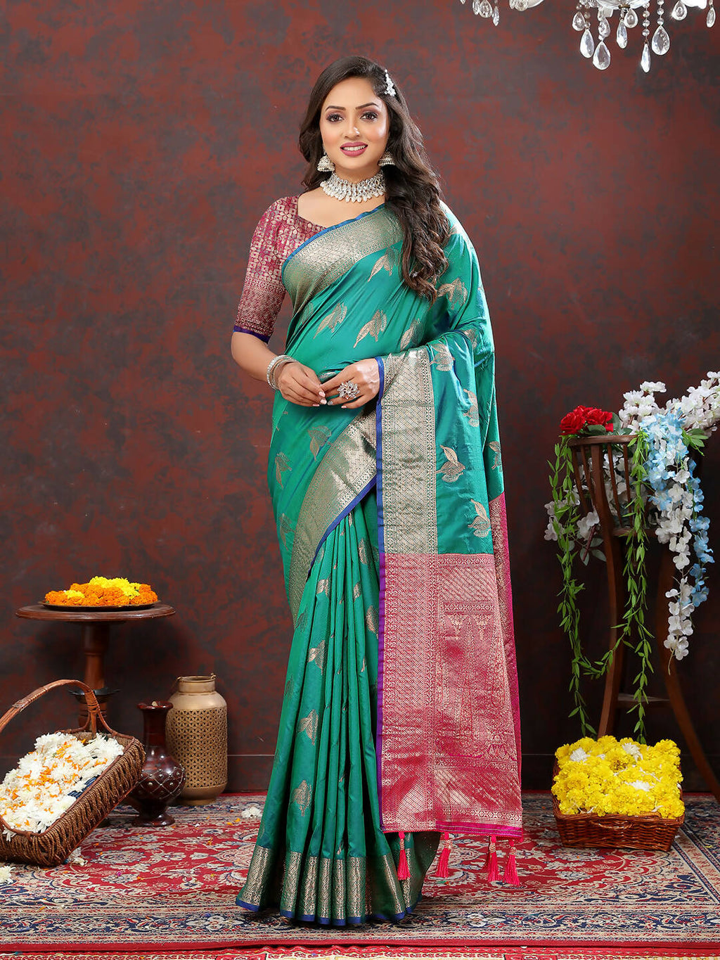 Lorenvalley Fashion Teal Soft Silk Woven Design Zari Weaving Saree