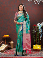 Lorenvalley Fashion Teal Soft Silk Woven Design Zari Weaving Saree