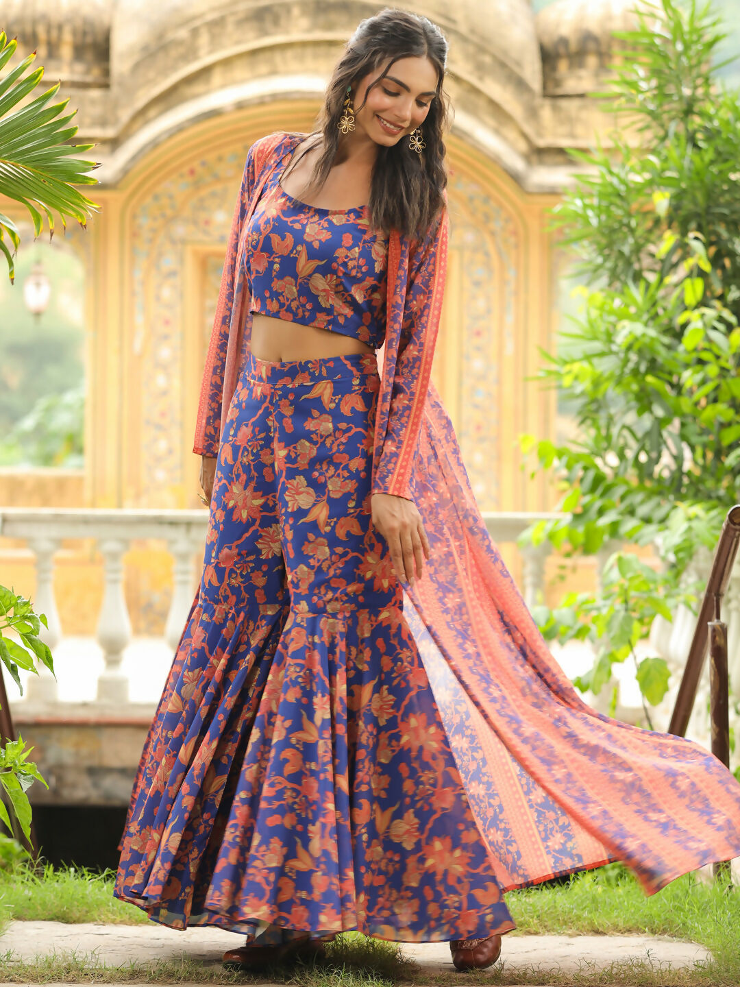 Janasya Navy Blue Georgette Floral Top,Bottom & Jacket