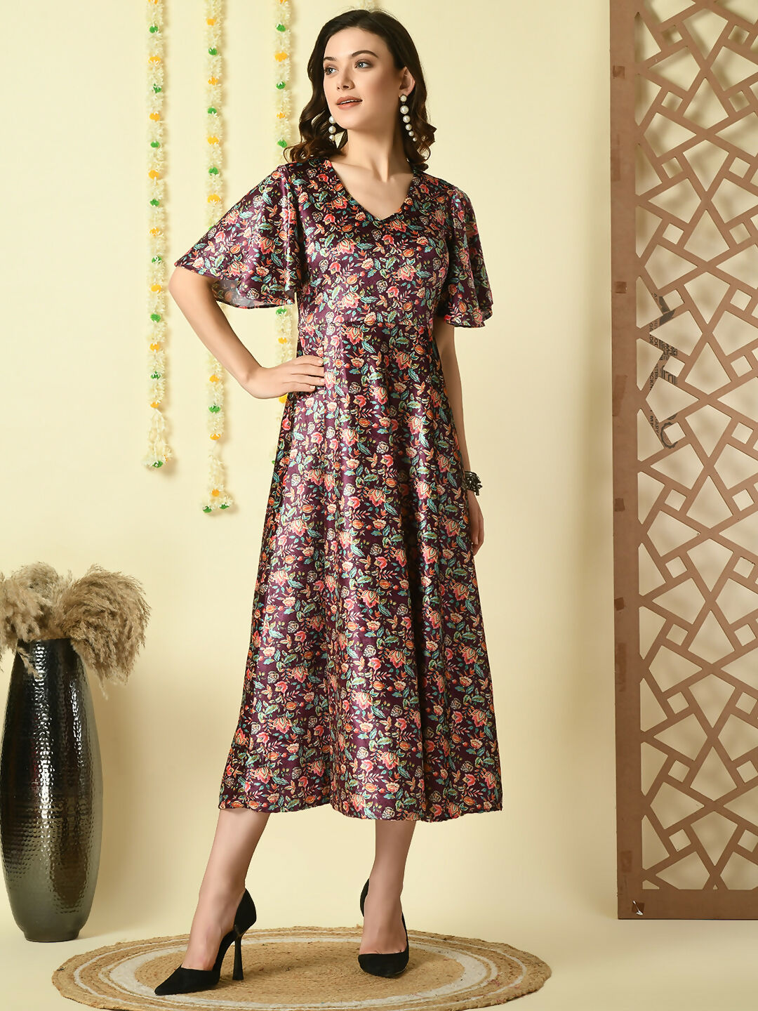 Myshka Women's Multi Printed Velvet Party Dress - Distacart