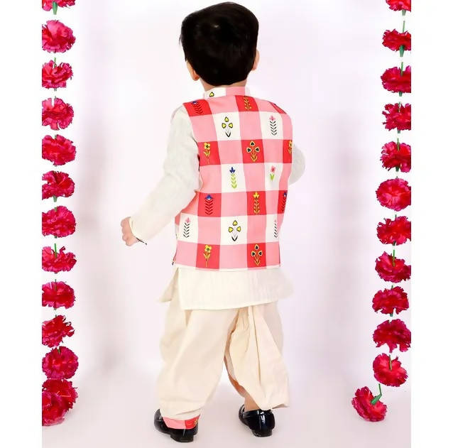 Little Bansi Boys Cream Color Floral Check Jacket with Kurta and Dhoti