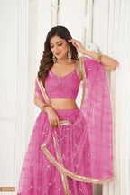 Aastha Fashion Pink Butterfly Net Tone To Tone Thread Work, Sequence Work And Original Mirror Work Embroidery Wedding Wear Lehenga Choli