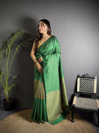 Joban Fashion Emerald Green Banarasi Soft Lichi Silk Checks & Woven Saree - Distacart