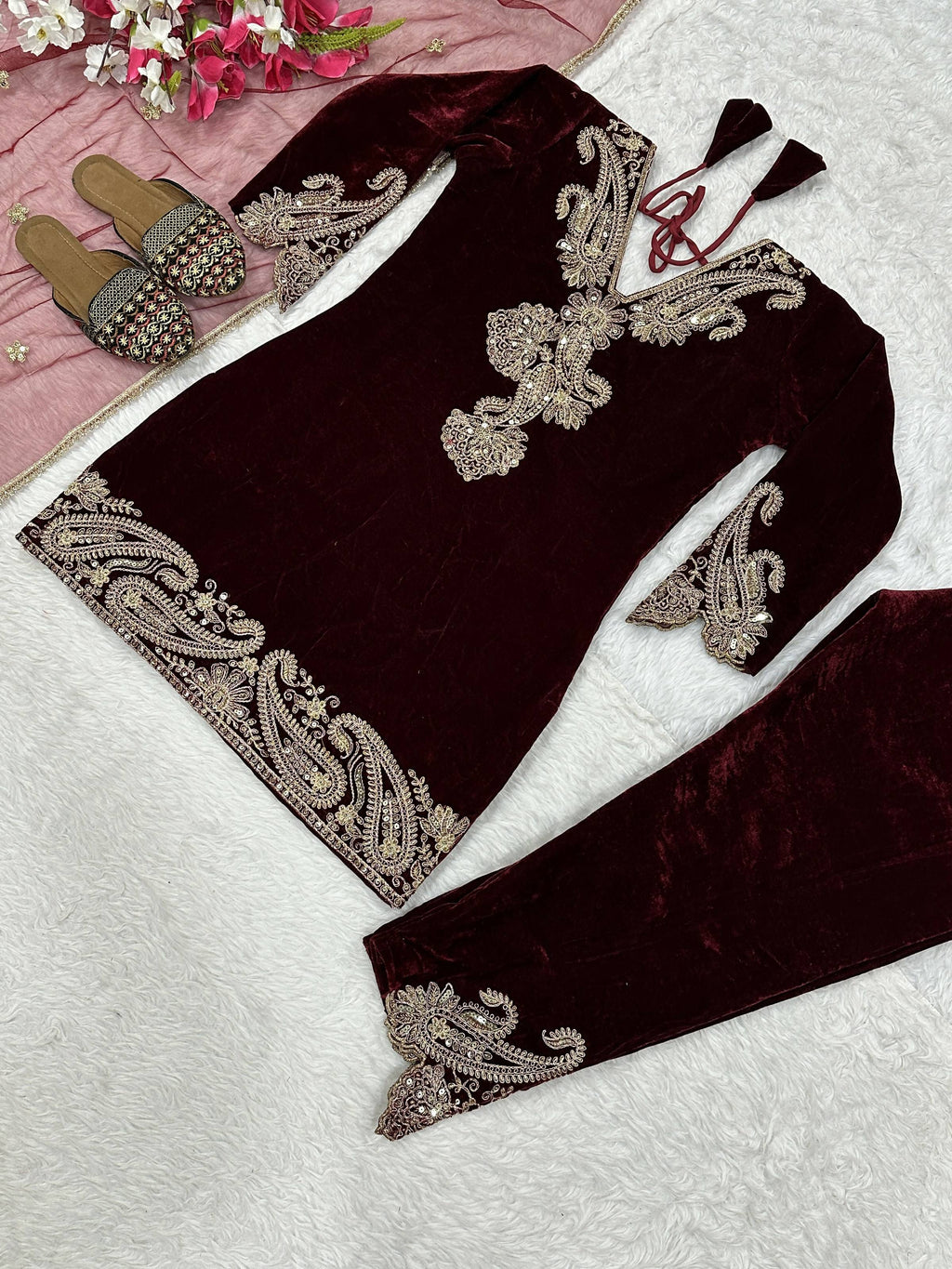 Vastranavya Wine Viscose Velvet Cording Sequence Embroidery Work Suit-Bottom With Dupatta - Distacart