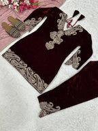 Vastranavya Wine Viscose Velvet Cording Sequence Embroidery Work Suit-Bottom With Dupatta - Distacart