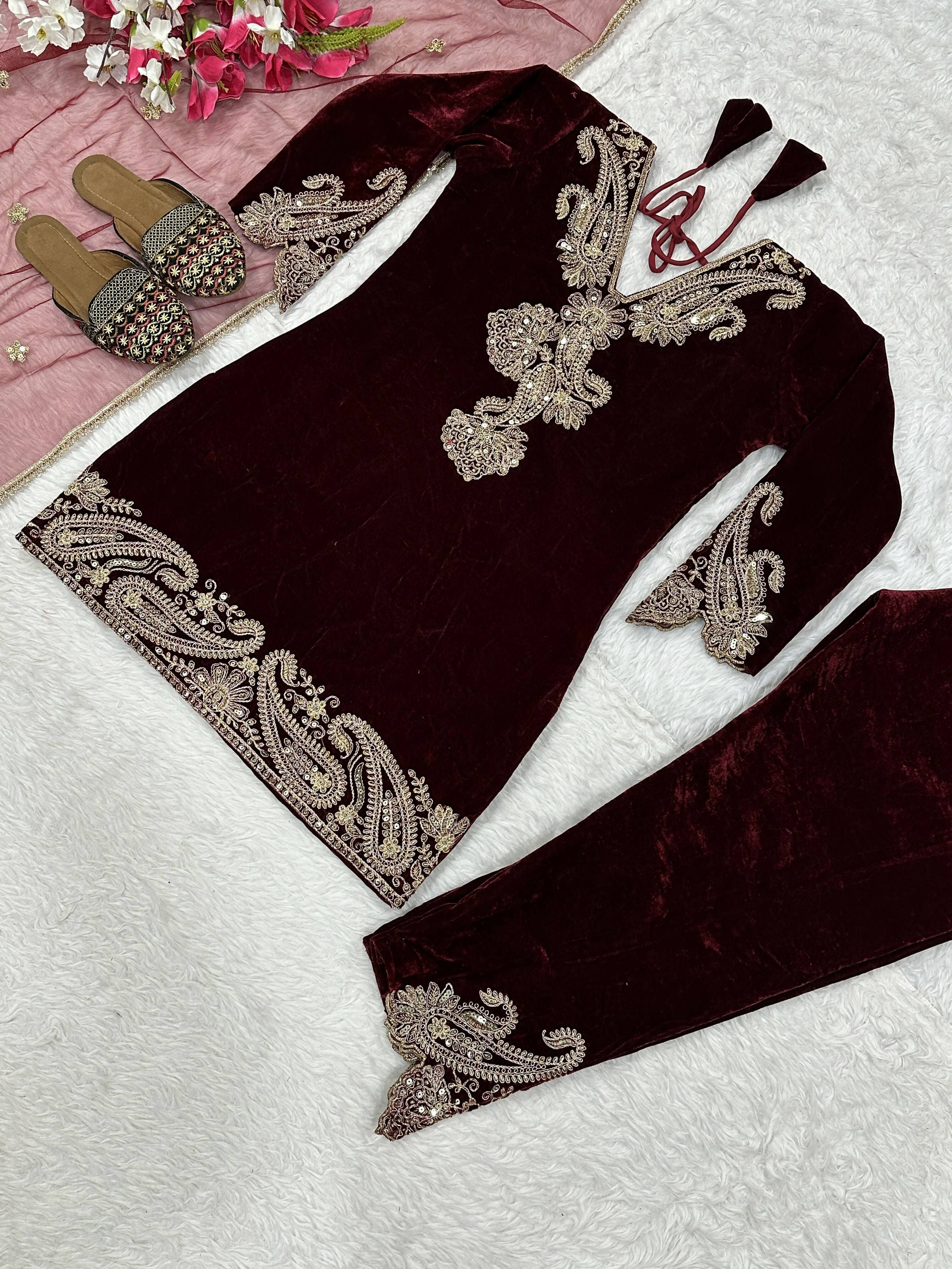 Vastranavya Wine Viscose Velvet Cording Sequence Embroidery Work Suit-Bottom With Dupatta - Distacart