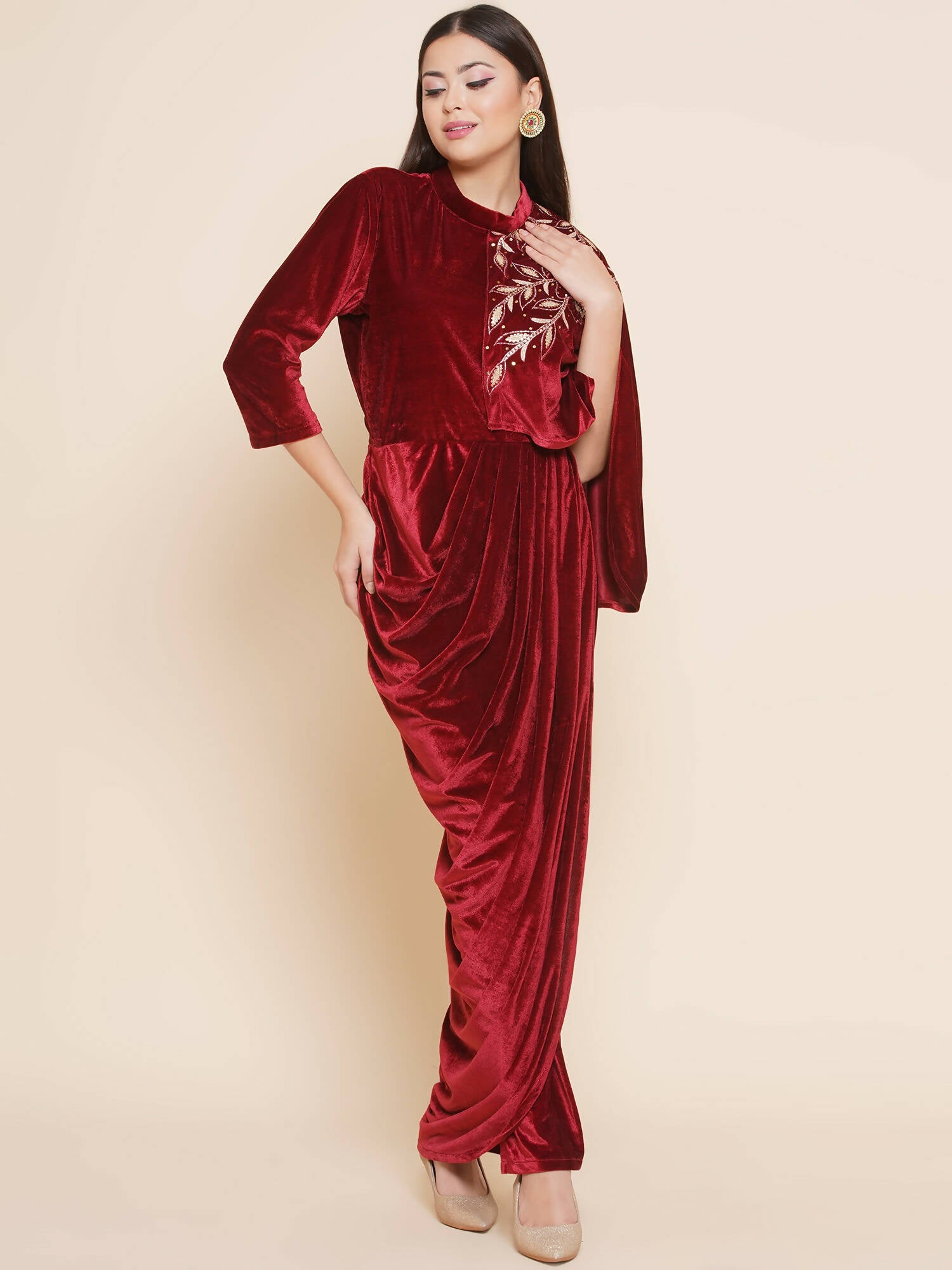 Women Republic Maroon Velvet Drape Styel Gown - Distacart