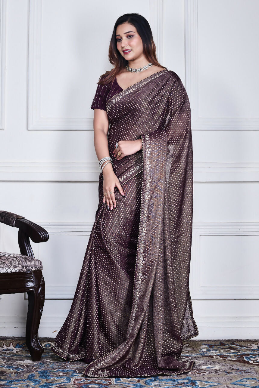 Morchari Purple Pure Chiffon Hand Embroidery Saree And Stitched Blouse - Distacart