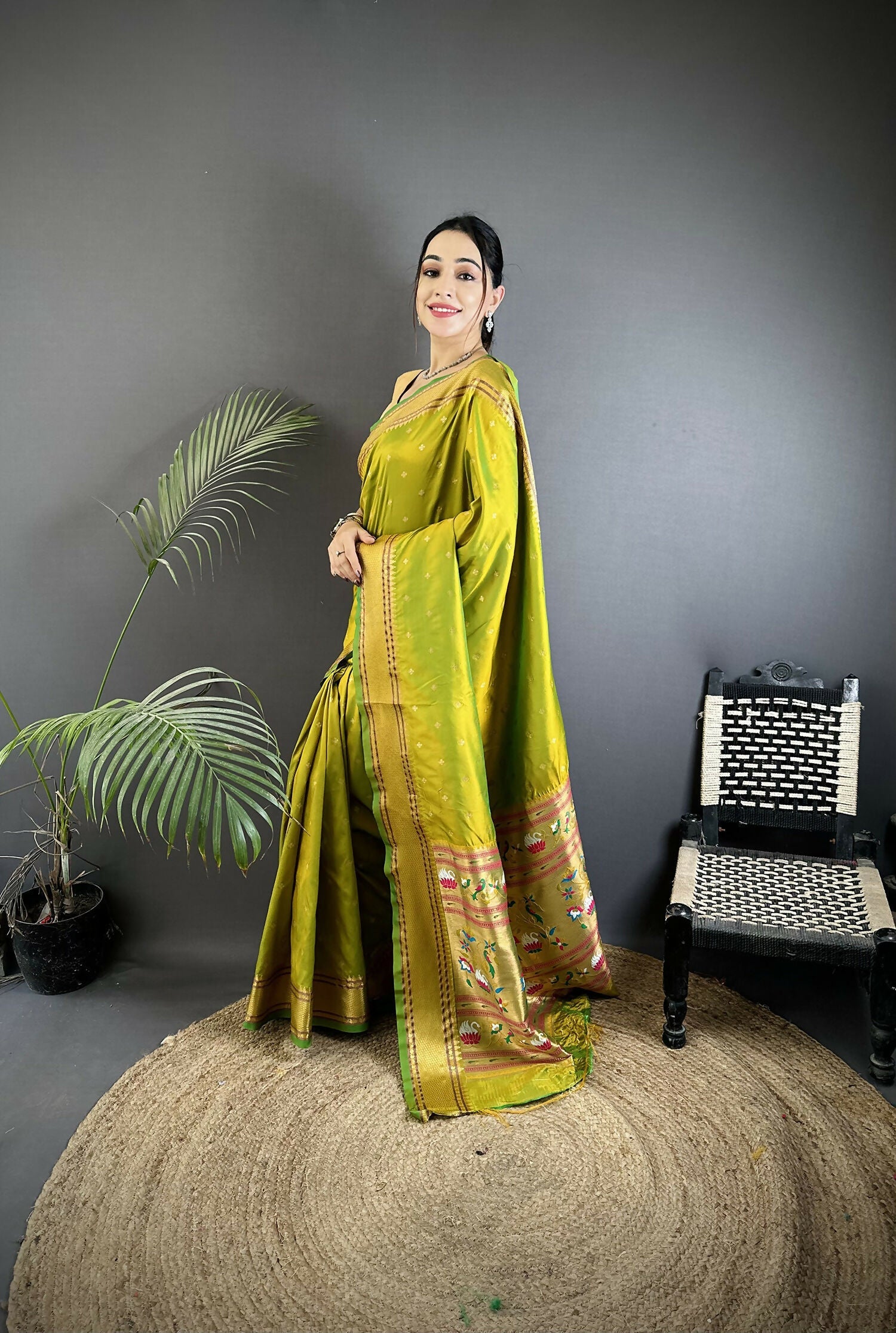 Joban Fashion Lime Green Butti Woven Soft Lichi Silk Paithani Saree - Distacart