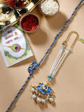 NVR Women & Men Set of 2 Blue Lotus Shape Kundan-Studded & Beaded Wraparound Rakhi Set With Roli Chawal & Chocolate - Distacart