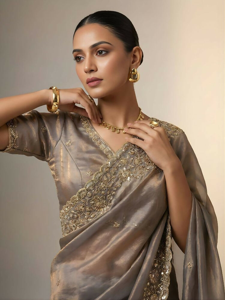 Joban Fashion Beige Fandy Satin Silk Party Wear Sarees - Distacart