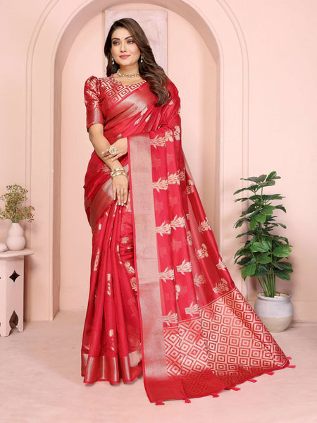 Aastha Fashion Red Soft Organza Silk Weaving Saree