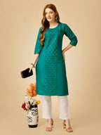 Jyoti Fashion Women's Rama Cotton Blend Embroidered Kurta Pant Set