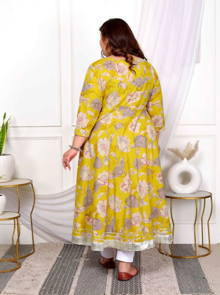 Miravan Women's Plus Size Cotton Gota Patti And Lace Border Details Floral Printed Yellow Anarkali Kurta