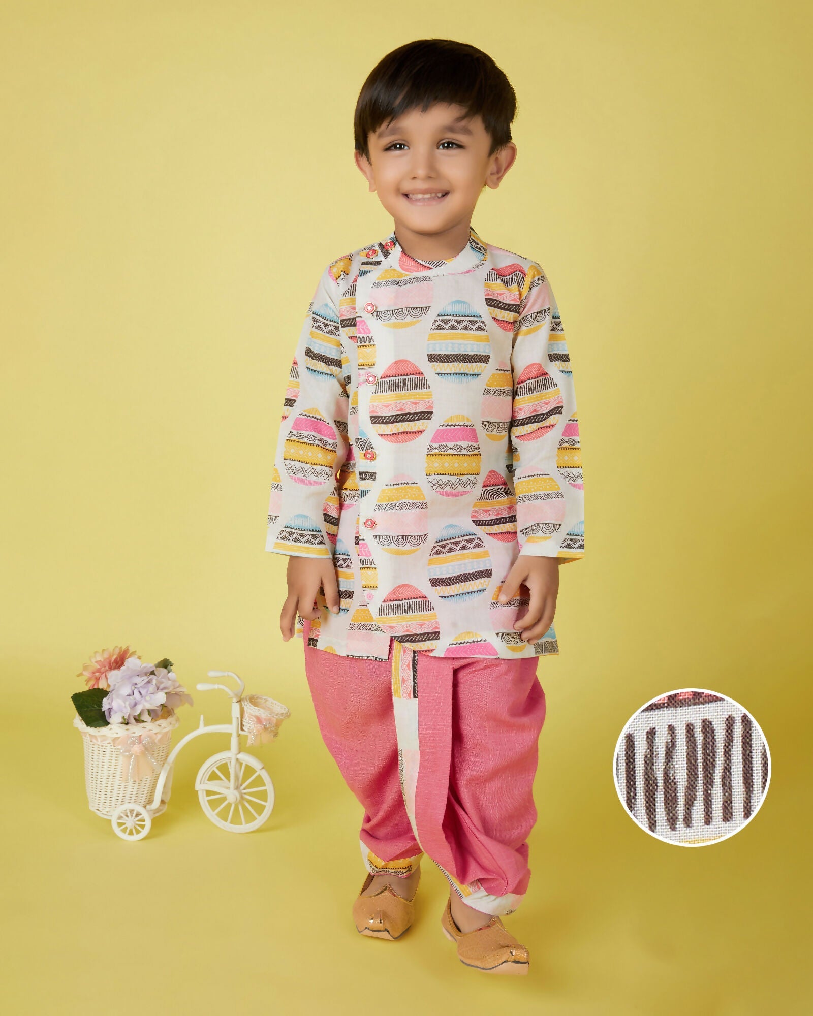 Joban Fashion Kids Island Cotton Full Sleeves printed Kurta and Solid Dhoti - Pink - Distacart
