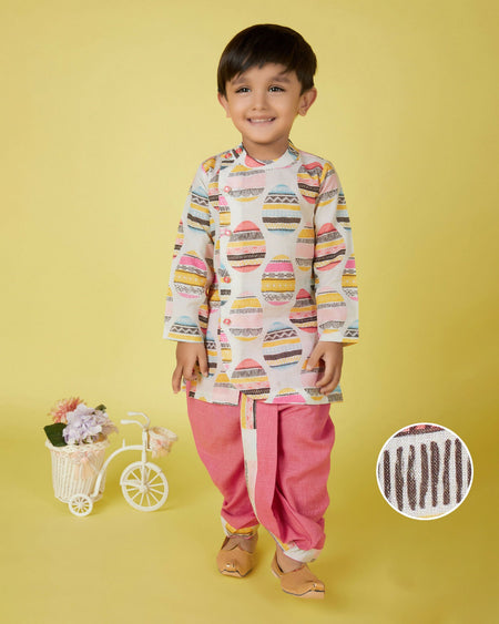 Joban Fashion Kids Island Cotton Full Sleeves printed Kurta and Solid Dhoti - Pink