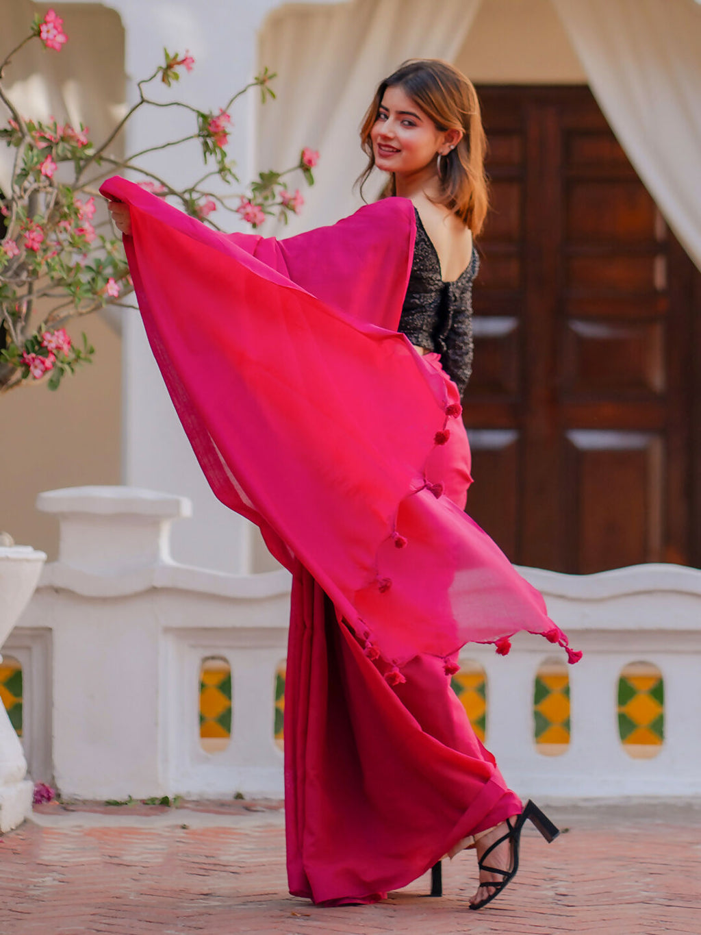 Zibaa Hand-Dyed Mul Cotton Pink Saree with Tassels - Distacart