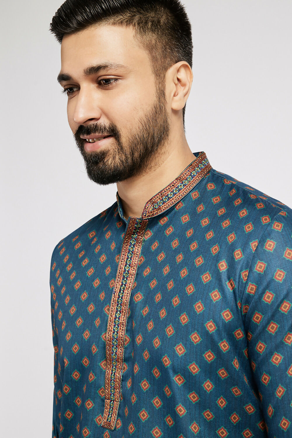 Ethnic India Blue Men's Kurta Ethnic Motifs Polyester