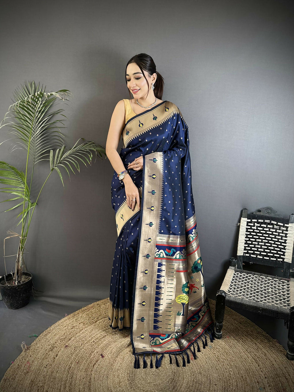 Joban Fashion Dark Blue Peacock & Floral Motifs Soft Lichi Silk Kanchipuram Saree - Distacart