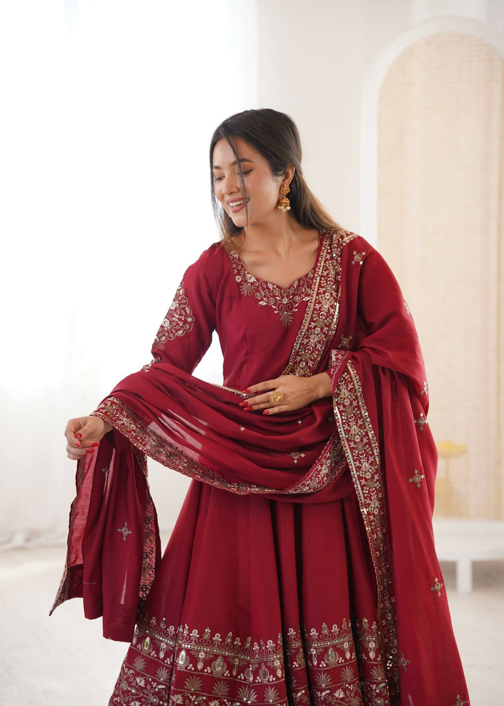 Teeya Creation Maroon Roman Silk Embroidery Work Party Wear Long Gown - Distacart