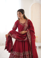 Teeya Creation Maroon Roman Silk Embroidery Work Party Wear Long Gown - Distacart