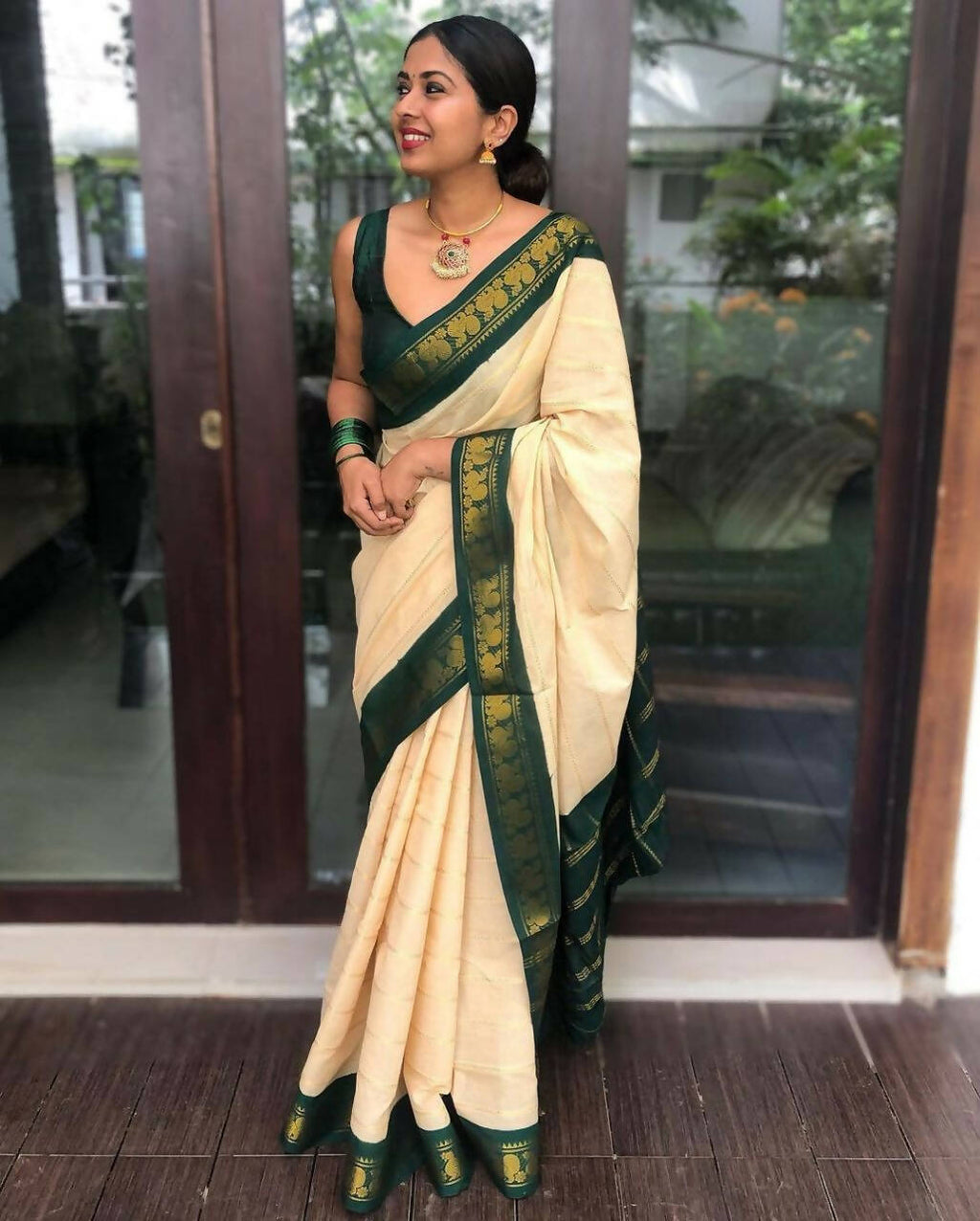 DEIANA'S Beautiful Designer Golden zari Soft Lichi Silk Saree - White